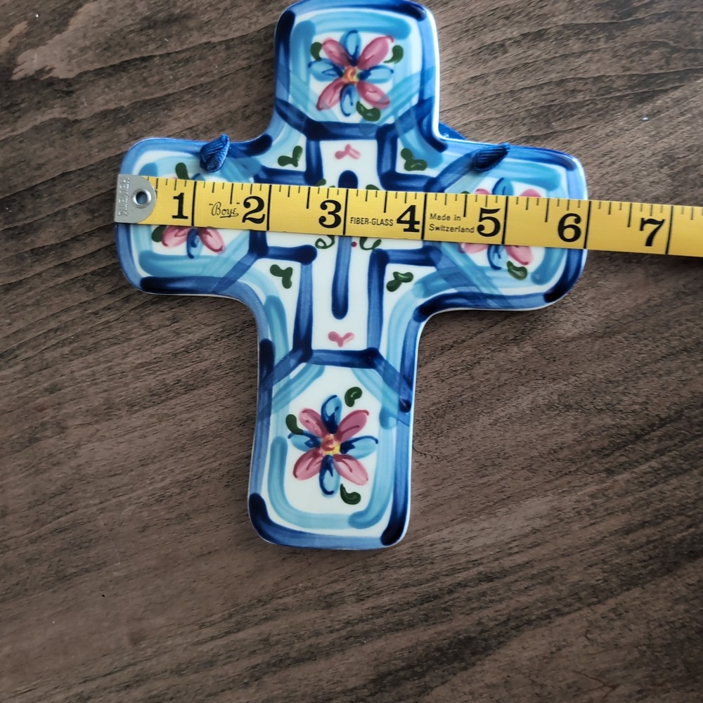 J. Duban Designs Wall Cross Blue Floral Handpainted Ceramic Hanging Tile Christ - Picture 9 of 9
